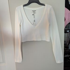 Garage White Ribbed V-Neck Crop Top
